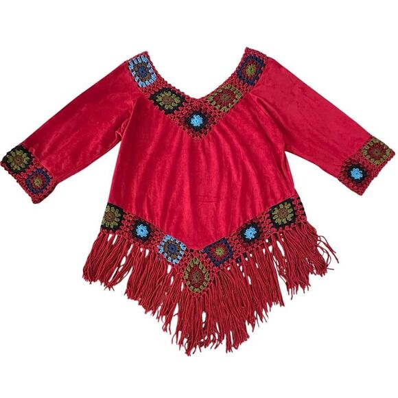 Women’s S/M Suede Crochet Granny Square Fringe BOHO Hippie Chic Festive Tunic - Picture 1 of 11